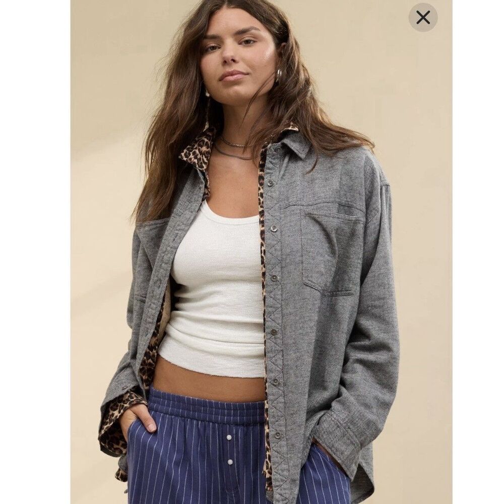Aerie Anytime Fave Twill Flannel Shirt Women’s XL  Gray Striped Oversized Button - Picture 13 of 14